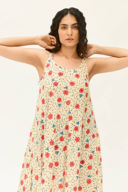 Rias Jaipur_Off White Cotton Beads Round Neck Printed Strappy Dress _at_Aza_Fashions
