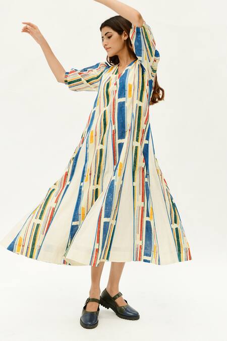 Rias Jaipur_Off White Cotton V-neck Printed Flared Dress_Online_at_Aza_Fashions