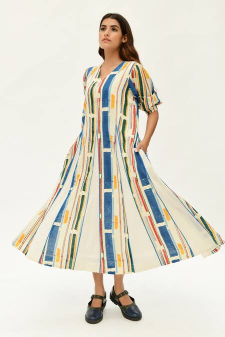 Shop_Rias Jaipur_Off White Cotton V-neck Printed Flared Dress_Online_at_Aza_Fashions