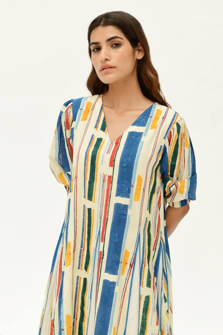 Rias Jaipur_Off White Cotton V-neck Printed Flared Dress_at_Aza_Fashions