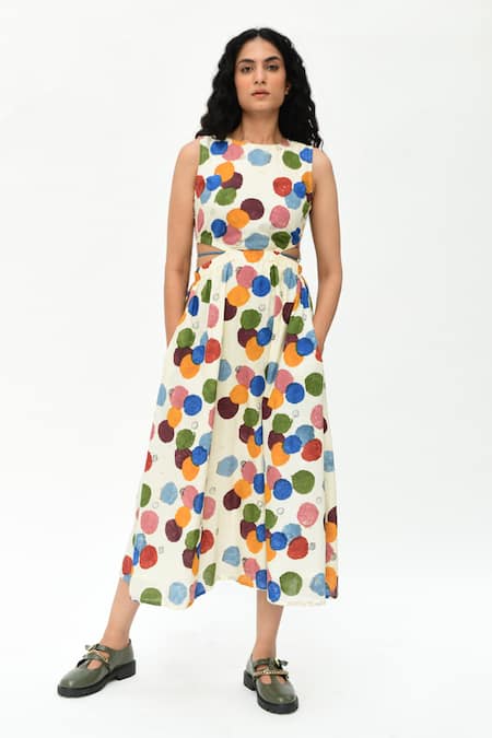 Rias Jaipur Off White Organic Cotton Printed Polka Dot Round Cut-out Dress 