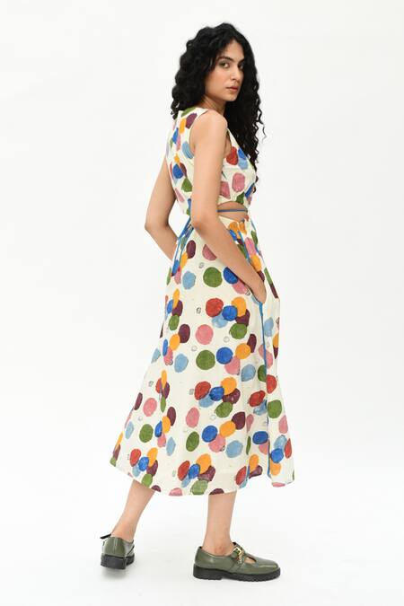 Shop_Rias Jaipur_Off White Cotton Round Neck Printed Cut-out Dress _at_Aza_Fashions