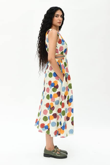 Rias Jaipur_Off White Cotton Round Neck Printed Cut-out Dress _Online_at_Aza_Fashions