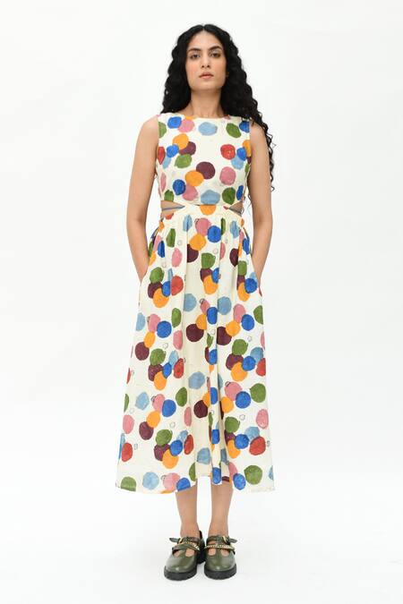 Buy_Rias Jaipur_Off White Cotton Round Neck Printed Cut-out Dress _Online_at_Aza_Fashions