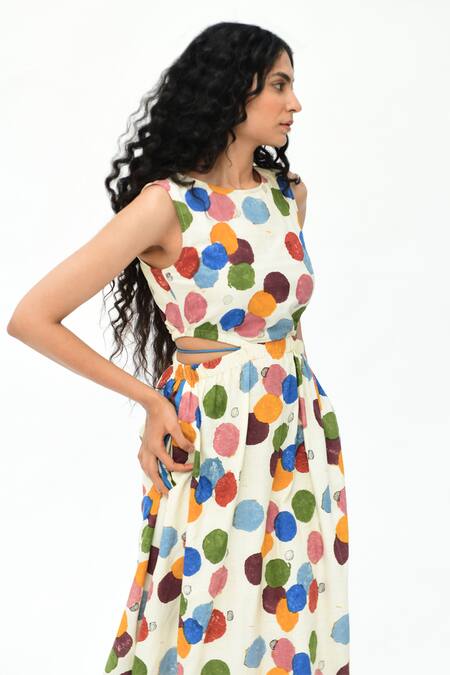 Shop_Rias Jaipur_Off White Cotton Round Neck Printed Cut-out Dress _Online_at_Aza_Fashions