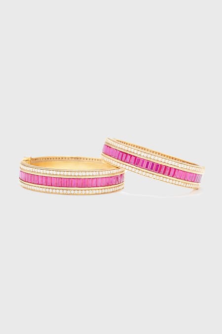 Shop_Tarun Tahiliani_Pink Zari, Crystals, Pearls Zircon Embellished Pair Of Bangle _at_Aza_Fashions