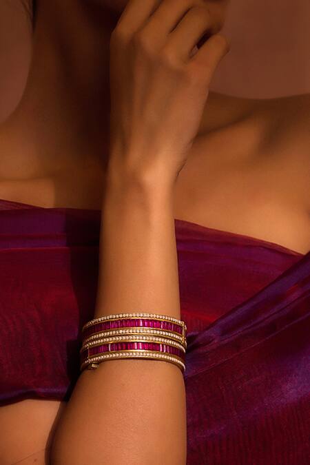 Tarun Tahiliani_Pink Zari, Crystals, Pearls Zircon Embellished Pair Of Bangle _Online_at_Aza_Fashions