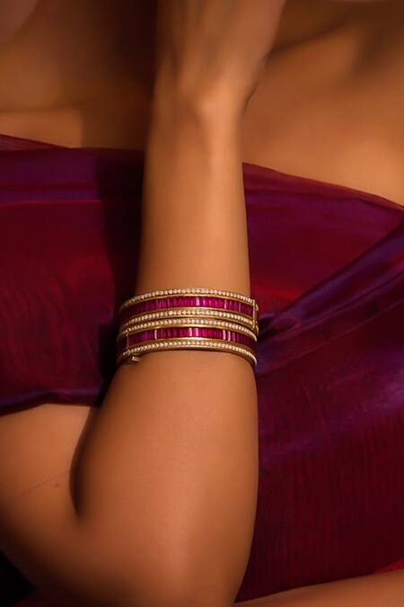Buy_Tarun Tahiliani_Pink Zari, Crystals, Pearls Zircon Embellished Pair Of Bangle _Online_at_Aza_Fashions
