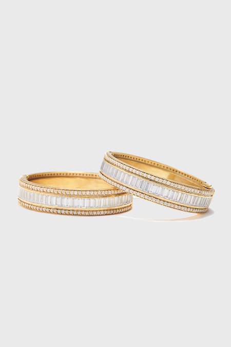 Shop_Tarun Tahiliani_Gold Plated Zari, Pearls Zircon Studded Pair Of Bangle _at_Aza_Fashions