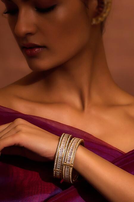 Tarun Tahiliani_Gold Plated Zari, Pearls Zircon Studded Pair Of Bangle _Online_at_Aza_Fashions