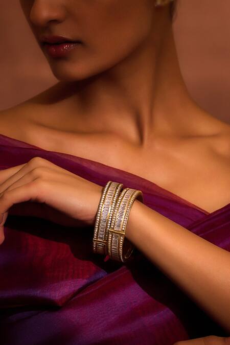 Buy_Tarun Tahiliani_Gold Plated Zari, Pearls Zircon Studded Pair Of Bangle _Online_at_Aza_Fashions