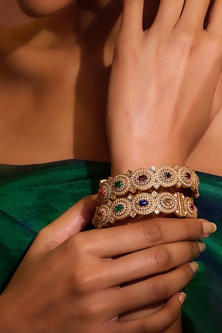 Tarun Tahiliani_Multi Color Zari, Pearls, Stones Embellished Pair Of Bangle _Online_at_Aza_Fashions