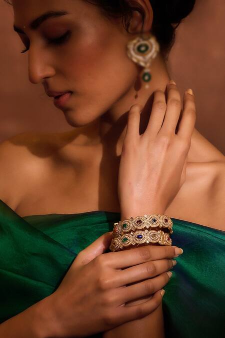 Buy_Tarun Tahiliani_Multi Color Zari, Pearls, Stones Embellished Pair Of Bangle _Online_at_Aza_Fashions