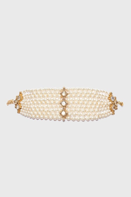 Shop_Tarun Tahiliani_Ivory Pearls, Zari Layered String Bracelet _at_Aza_Fashions