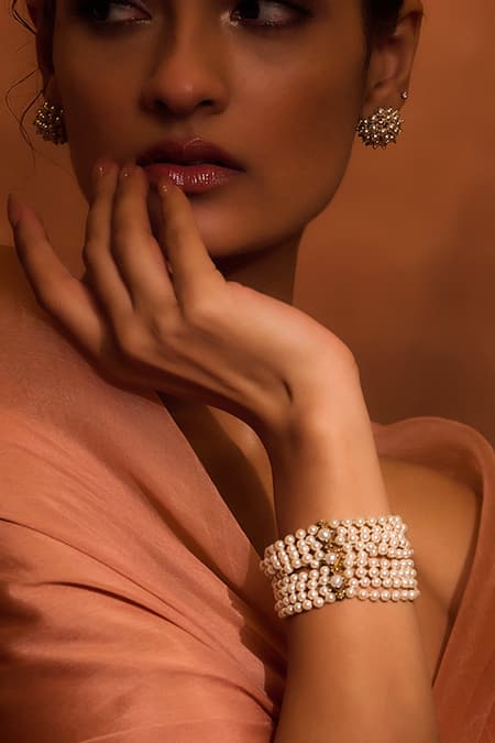 Tarun Tahiliani_Ivory Pearls, Zari Layered String Bracelet _Online_at_Aza_Fashions