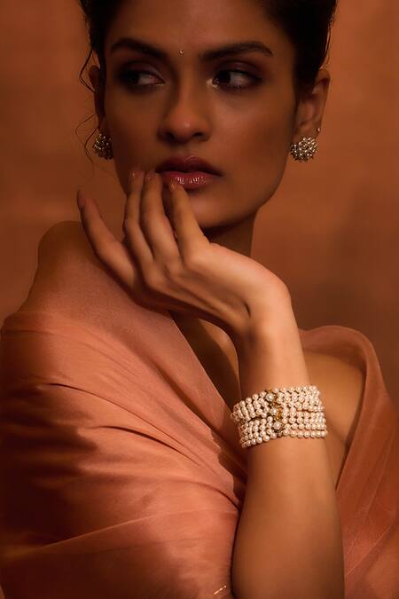 Buy_Tarun Tahiliani_Ivory Pearls, Zari Layered String Bracelet _Online_at_Aza_Fashions