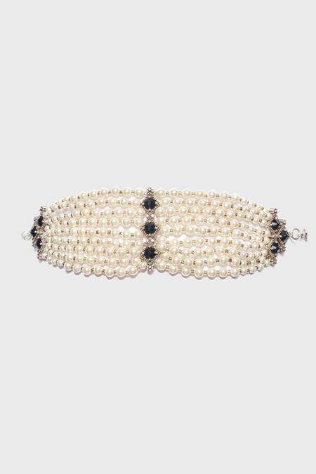 Shop_Tarun Tahiliani_Ivory Pearls, Zari Layered Multi String Bracelet_at_Aza_Fashions