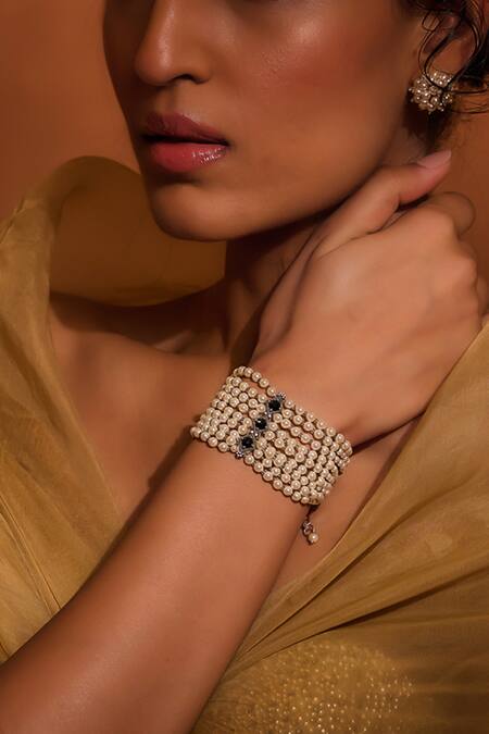 Tarun Tahiliani_Ivory Pearls, Zari Layered Multi String Bracelet_Online_at_Aza_Fashions