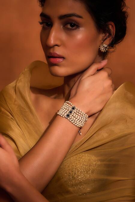 Buy_Tarun Tahiliani_Ivory Pearls, Zari Layered Multi String Bracelet_Online_at_Aza_Fashions