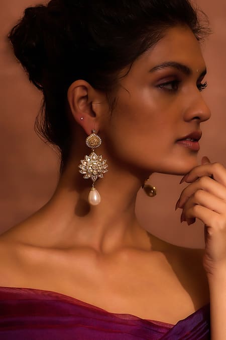 Tarun Tahiliani Gold Plated Zircon Floral Embellished Droplet Earrings