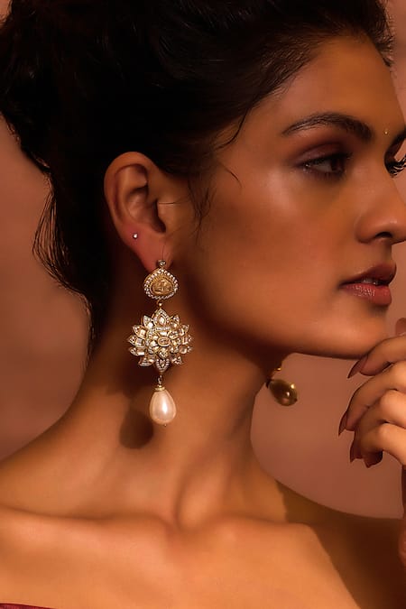 Buy_Tarun Tahiliani_Gold Plated Pearls, Zari Floral Zircon Embellished Droplet Earrings_Online_at_Aza_Fashions