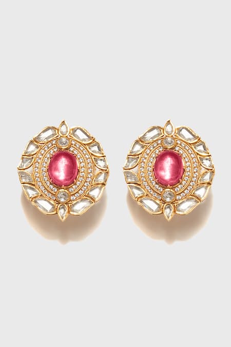 Shop_Tarun Tahiliani_Pink Stones, Pearls Round Embellished Stud Earrings _at_Aza_Fashions