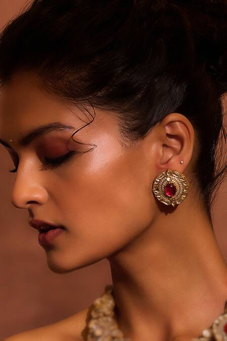 Tarun Tahiliani_Pink Stones, Pearls Round Embellished Stud Earrings _Online_at_Aza_Fashions