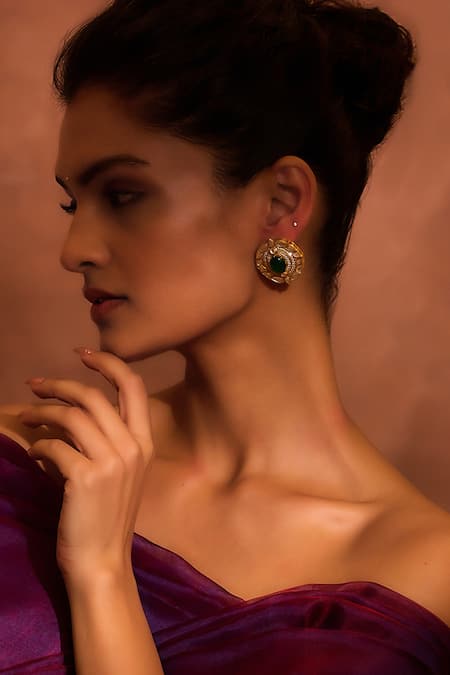 Tarun Tahiliani Green Zircon Round Onyx Embellished Stud Earrings 