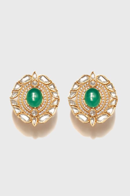 Shop_Tarun Tahiliani_Green Zari, Diamonds, Pearls Round Onyx Embellished Stud Earrings _at_Aza_Fashions
