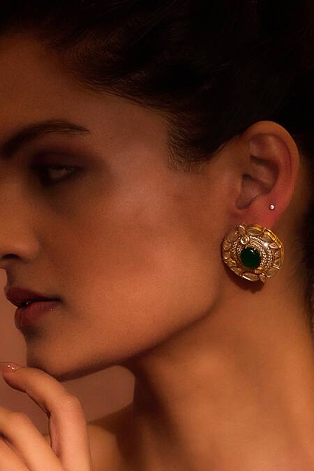 Tarun Tahiliani_Green Zari, Diamonds, Pearls Round Onyx Embellished Stud Earrings _Online_at_Aza_Fashions