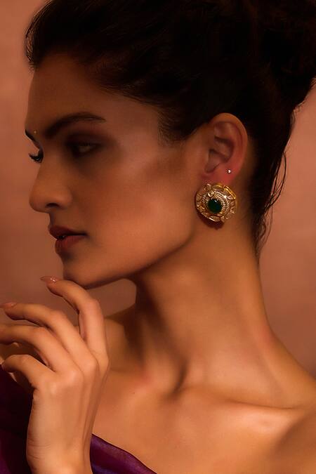 Buy_Tarun Tahiliani_Green Zari, Diamonds, Pearls Round Onyx Embellished Stud Earrings _Online_at_Aza_Fashions