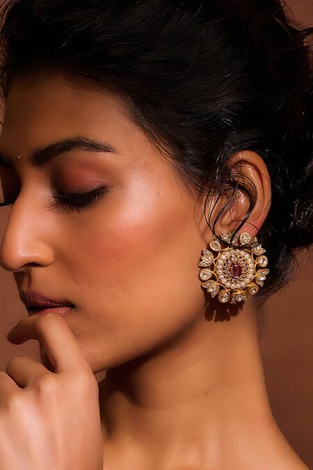 Tarun Tahiliani Gold Plated Pearls, Zari Zircon Embellished Jadau Stud Earrings Online at Aza Fashions Tarun Tahiliani_Gold Plated Pearls, Zari Zircon Embellished Jadau Stud Earrings _Online_at_Aza_Fashions