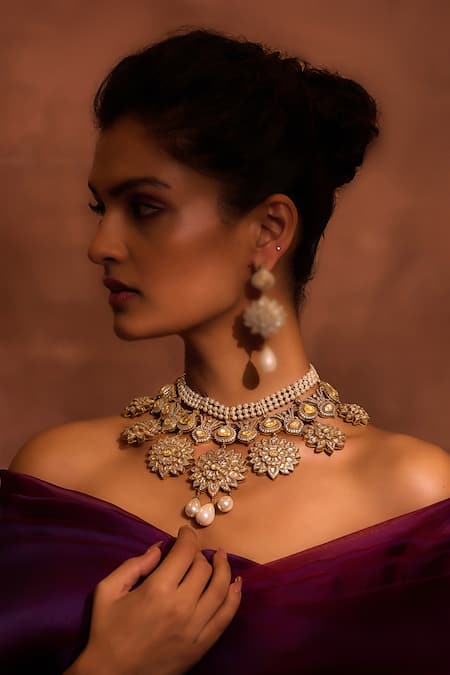 Tarun Tahiliani Gold Plated American Diamond Wreath Embellished Choker Necklace