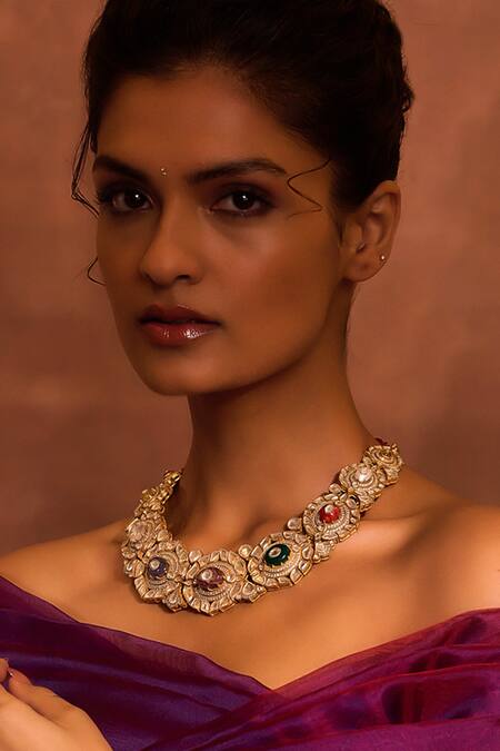 Tarun Tahiliani_Multi Color Floral Navratna Embellished Collar Necklace _Online_at_Aza_Fashions