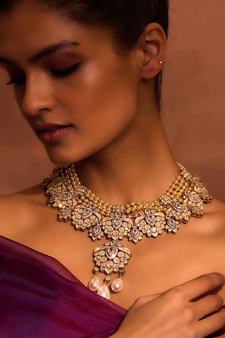 Tarun Tahiliani Gold Plated Zircon Floral Embellished Pendant Choker Necklace