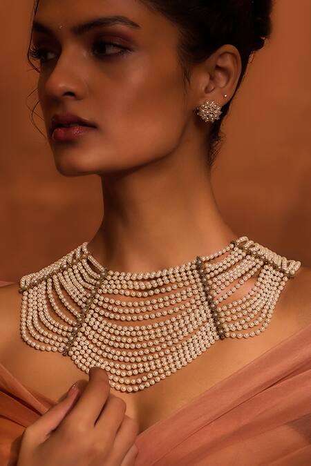 Tarun Tahiliani_Ivory Swarovski Pearl Waterfall Necklace _Online_at_Aza_Fashions