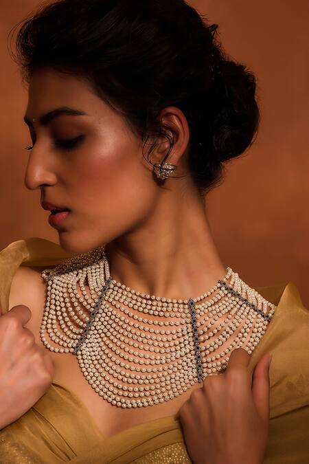 Tarun Tahiliani Ivory Swarovski Pearl Layered Waterfall Necklace Online at Aza Fashions Tarun Tahiliani_Ivory Swarovski Pearl Layered Waterfall Necklace _Online_at_Aza_Fashions