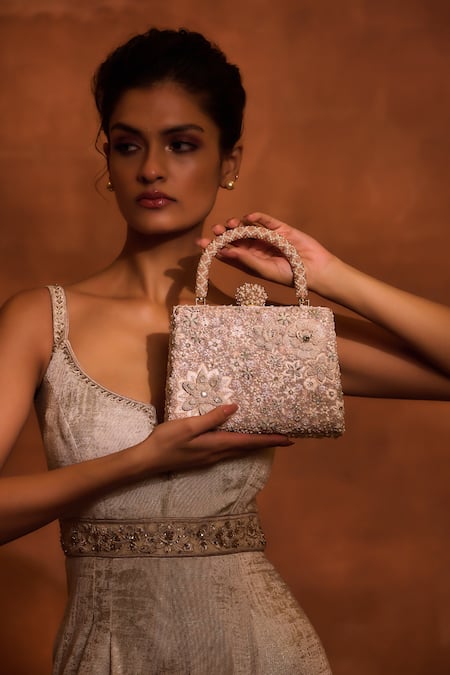 Tarun Tahiliani Pink Swarovski Pearl Floral Embroidered Frame Bag