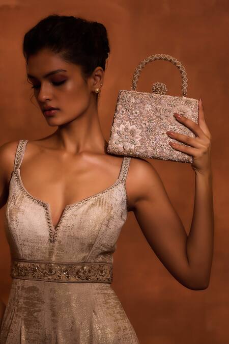 Tarun Tahiliani Pink Swarovski Pearl Floral Embroidered Frame Bag Online at Aza Fashions Tarun Tahiliani_Pink Swarovski Pearl Floral Embroidered Frame Bag _Online_at_Aza_Fashions