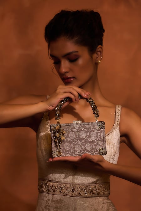 Tarun Tahiliani Grey Golden Poth Floral Woven Brocade Matchbox Clutch 