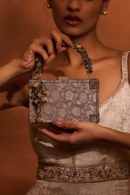 Tarun Tahiliani Grey Golden Poth Floral Woven Brocade Matchbox Clutch Online at Aza Fashions Tarun Tahiliani_Grey Golden Poth Floral Woven Brocade Matchbox Clutch _Online_at_Aza_Fashions