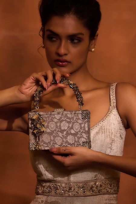 Buy Tarun Tahiliani Grey Golden Poth Floral Woven Brocade Matchbox Clutch Online at Aza Fashions Buy_Tarun Tahiliani_Grey Golden Poth Floral Woven Brocade Matchbox Clutch _Online_at_Aza_Fashions
