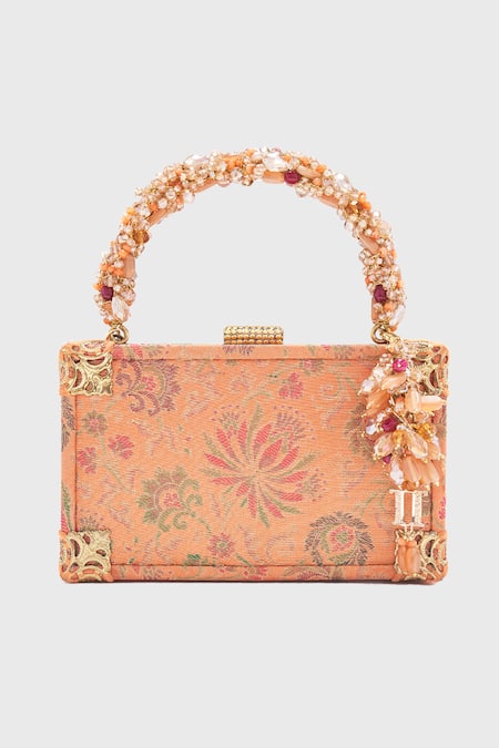 Shop_Tarun Tahiliani_Orange Peach Barffi Floral Woven Brocade Matchbox Clutch _at_Aza_Fashions