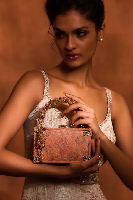 Tarun Tahiliani_Orange Peach Barffi Floral Woven Brocade Matchbox Clutch _Online_at_Aza_Fashions