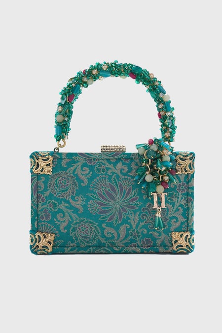 Shop_Tarun Tahiliani_Blue Peach Barffi Floral Pattern Brocade Matchbox Clutch _at_Aza_Fashions