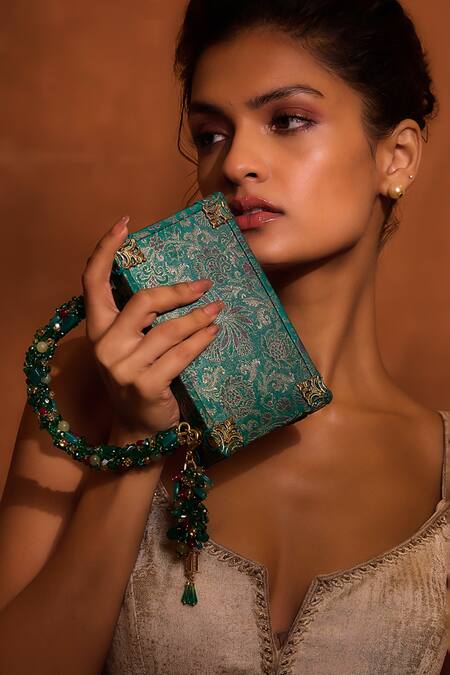 Tarun Tahiliani_Blue Peach Barffi Floral Pattern Brocade Matchbox Clutch _Online_at_Aza_Fashions