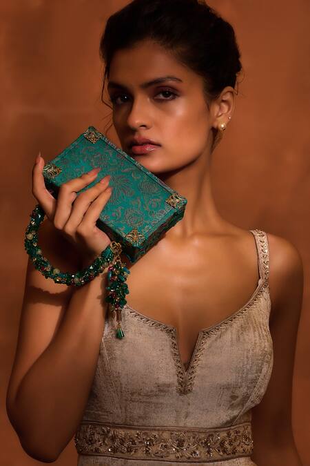 Buy_Tarun Tahiliani_Blue Peach Barffi Floral Pattern Brocade Matchbox Clutch _Online_at_Aza_Fashions