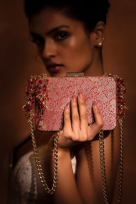 Tarun Tahiliani_Red Beads, Tassels Embellished Structured Clutch _Online_at_Aza_Fashions