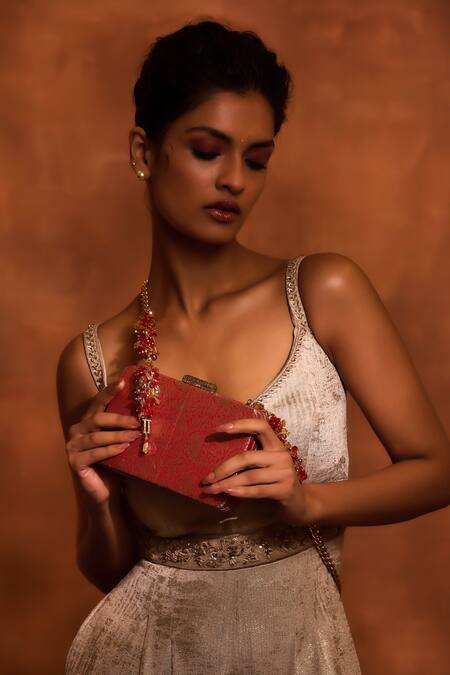 Buy_Tarun Tahiliani_Red Beads, Tassels Embellished Structured Clutch _Online_at_Aza_Fashions