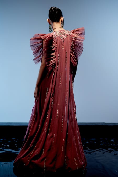 Shop Miku Kumar Red Net, Satin, Georgette Sequins, Embroidery, Amara 3d Pre-drped Saree Set at Aza Fashions Shop_Miku Kumar_Red Net, Satin, Georgette Sequins, Embroidery, Amara 3d Pre-drped Saree Set _at_Aza_Fashions